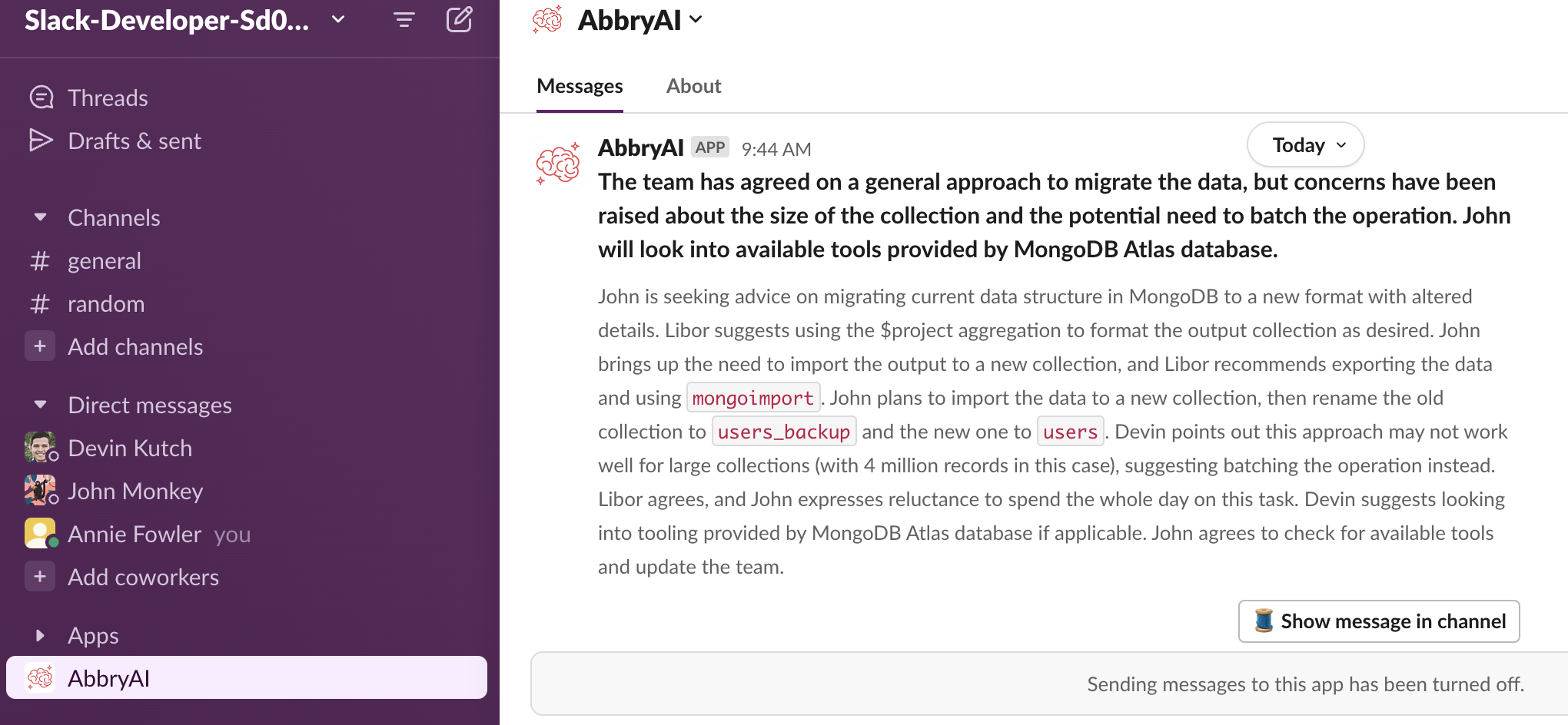 The saved summary in the AbbryAI direct message, with a Show message in channel button